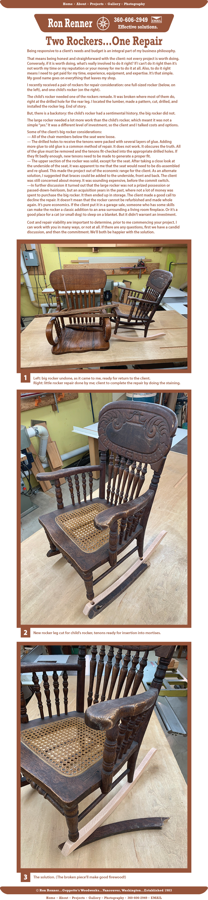 two rockers one repair, Ron Renner, Geppetto's Woodworks, since 1983